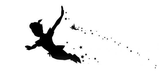 black and white image of peter pan flying into neverland
